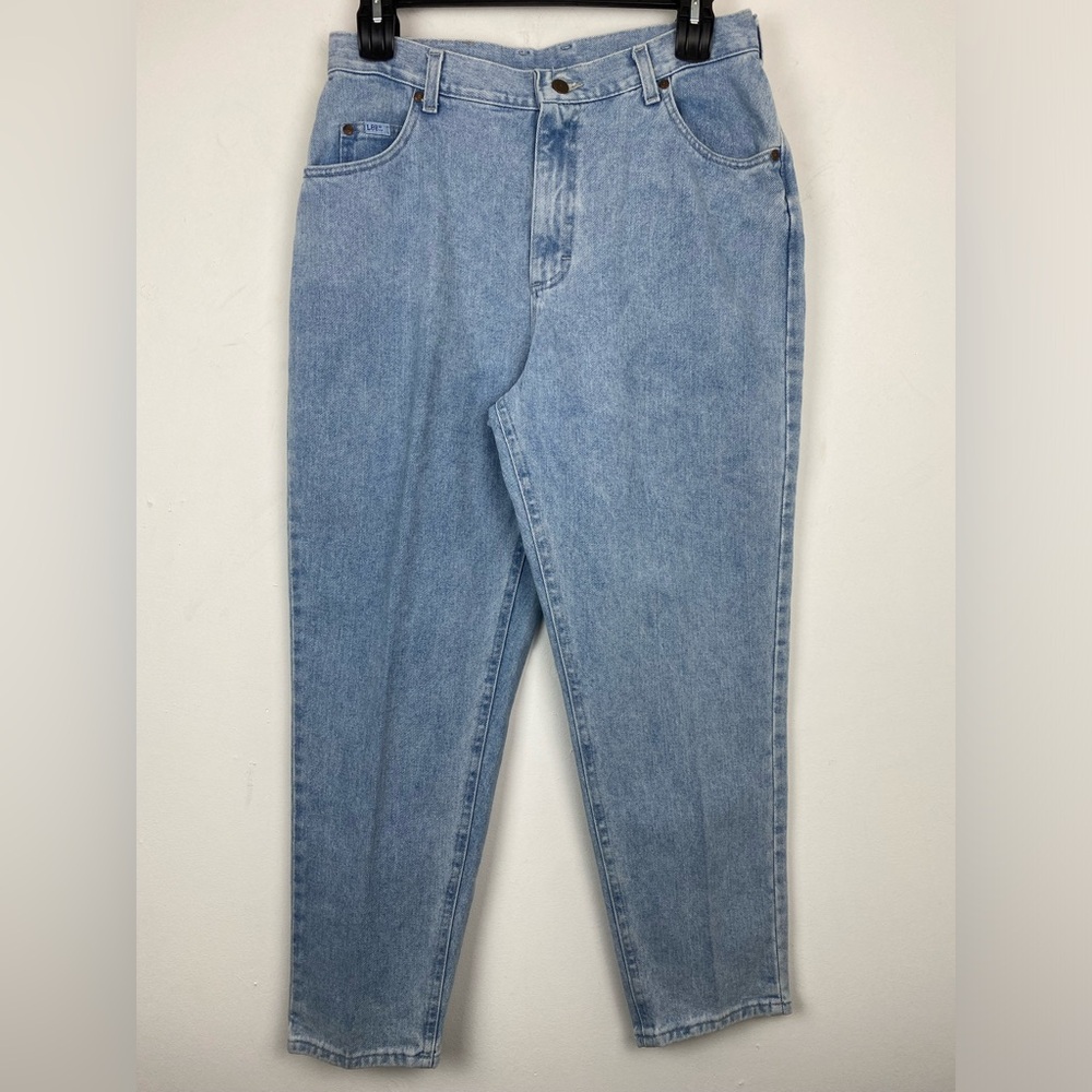 Vintage Lee Sz 16 Short Women’s Blue Light Wash Denim Relaxed Tapered Leg Jeans